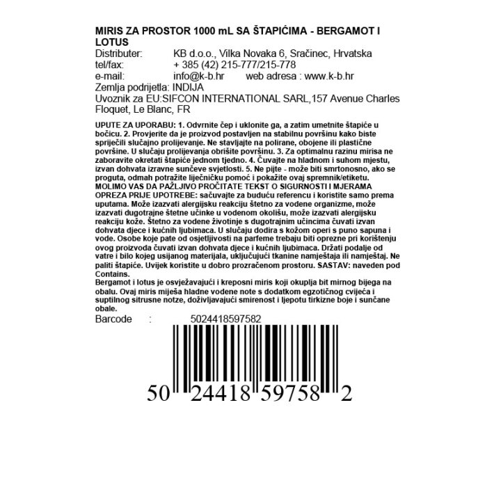 MIRIS ZA PROSTOR 1000 mL SA ŠTAPIĆIMA - BERGAMOT I LOTUS
