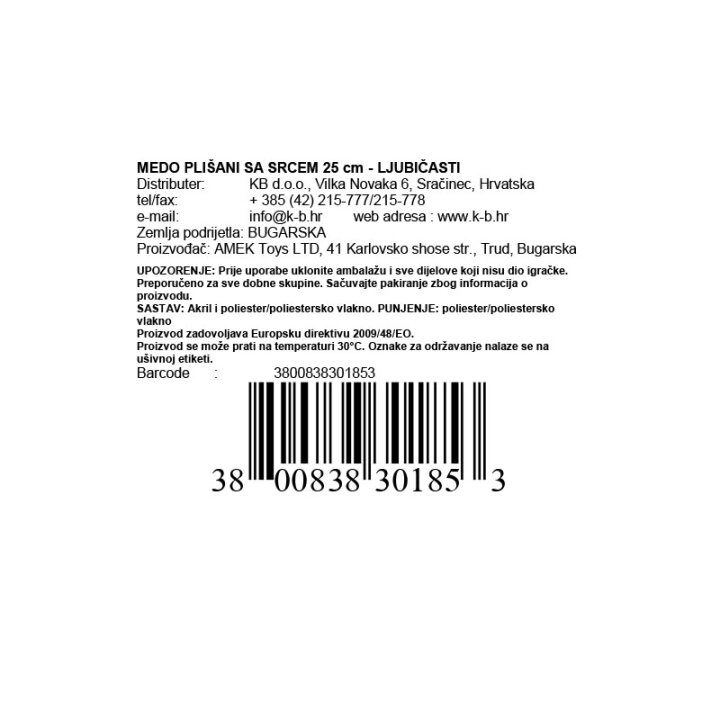 MEDO PLIŠANI SA SRCEM 25 cm - LJUBIČASTI