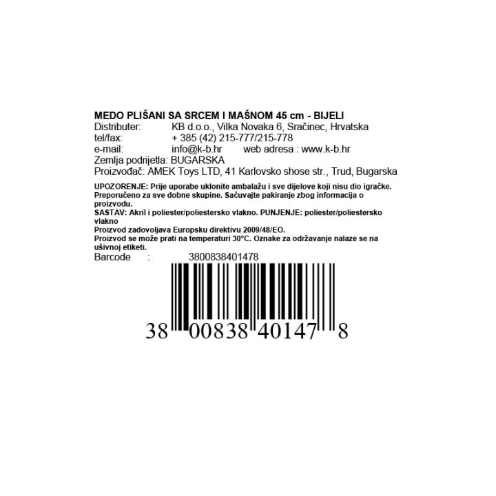 MEDO PLIŠANI SA SRCEM I MAŠNOM 45 cm - BIJELI