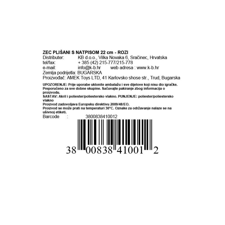 ZEC PLIŠANI S NATPISOM 22 cm - ROZI