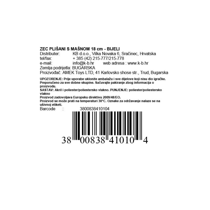 ZEC PLIŠANI S MAŠNOM 18 cm - BIJELI