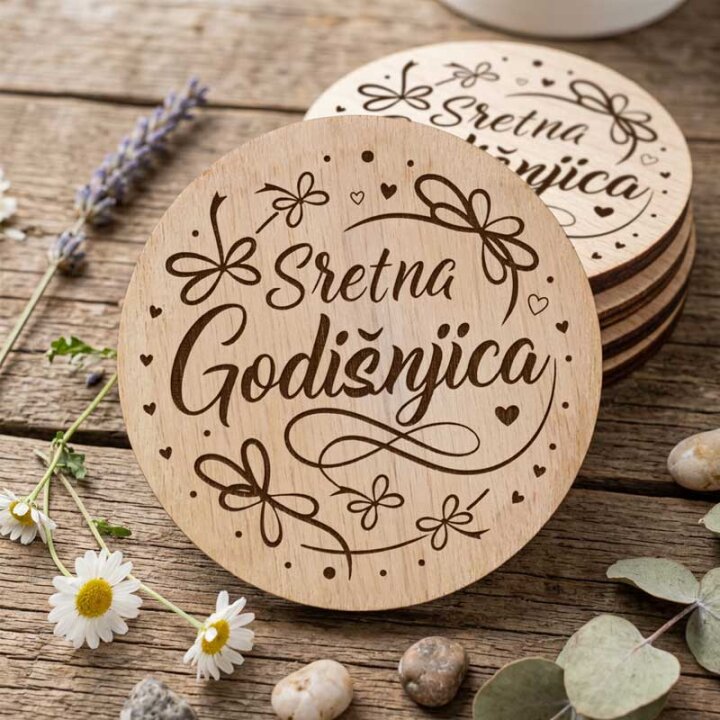 PLOČICA DRVENA fi 9 cm S TISKOM - Sretna godišnjica