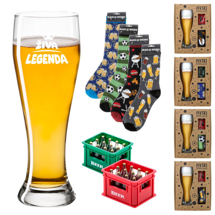 SET ČAŠA ZA PIVO S TISKOM 500ml + ČARAPA + OTVARAČ Živa legenda U POKLON KUTIJI