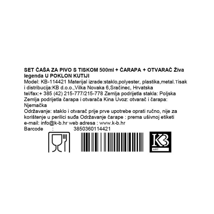 SET ČAŠA ZA PIVO S TISKOM 500ml + ČARAPA + OTVARAČ Živa legenda U POKLON KUTIJI