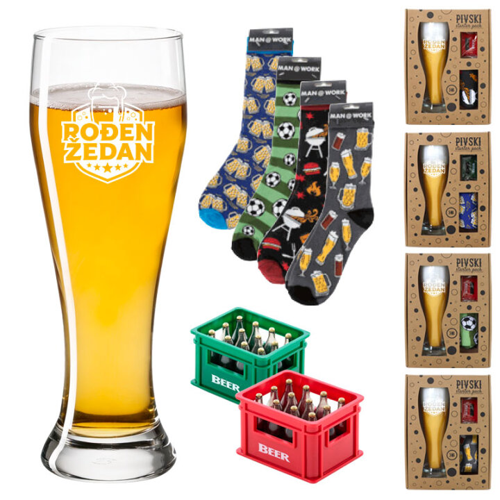 SET ČAŠA ZA PIVO S TISKOM 500ml + ČARAPA + OTVARAČ Rođen žedan U POKLON KUTIJI