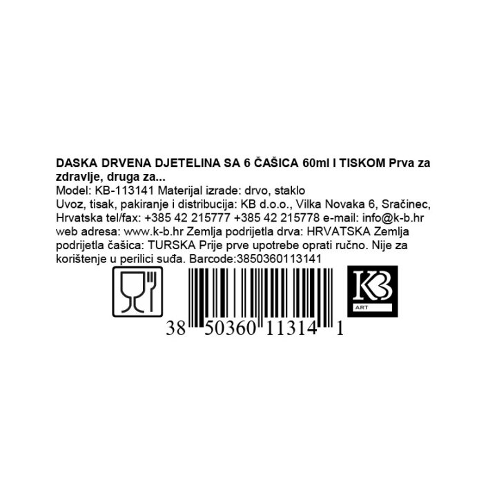 DASKA DRVENA DJETELINA SA 6 ČAŠICA 60ml I TISKOM Prva za zdravlje, druga za...