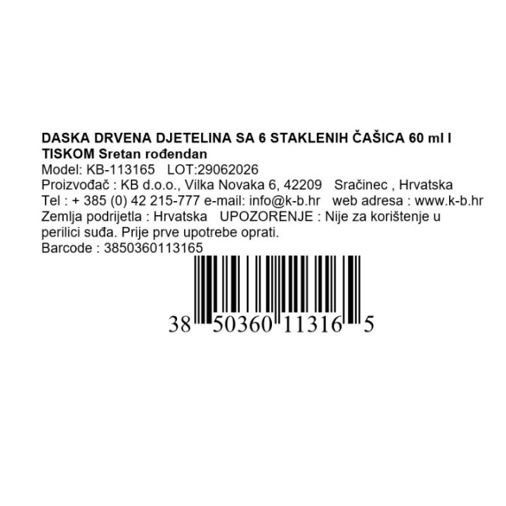 DASKA DRVENA DJETELINA SA 6 ČAŠICA 60ml I TISKOM Sretan rođendan