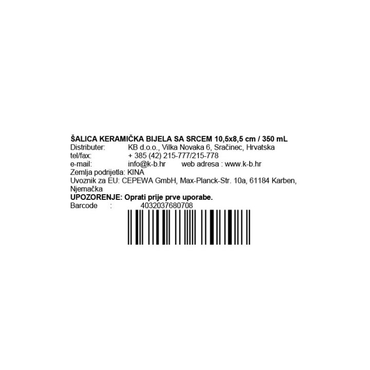 ŠALICA KERAMIČKA BIJELA SA SRCEM 10,5x8,5 cm / 350 mL
