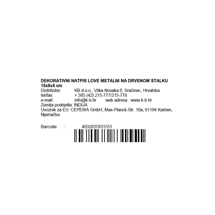 DEKORATIVNI NATPIS LOVE METALNI NA DRVENOM STALKU 15x8x5 cm