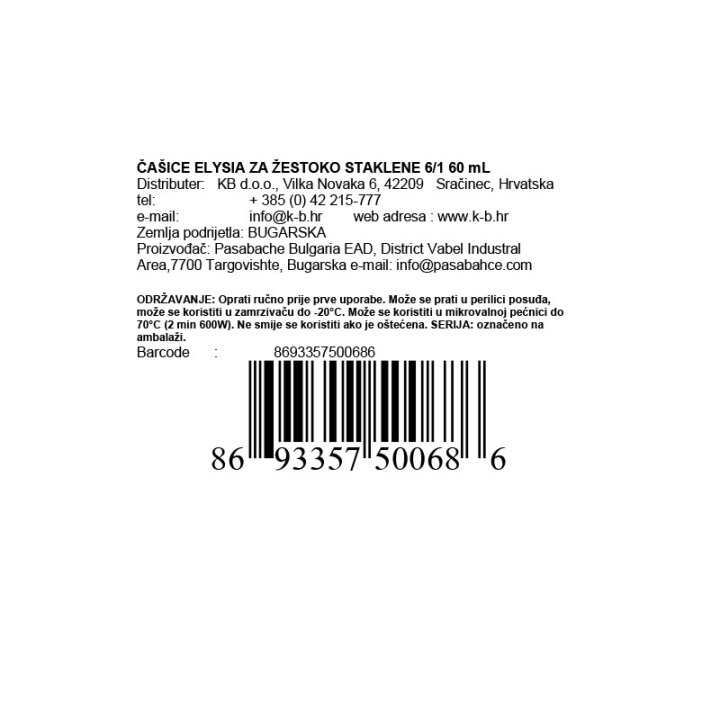 ČAŠICE ELYSIA ZA ŽESTOKO STAKLENE 6/1 60 mL
