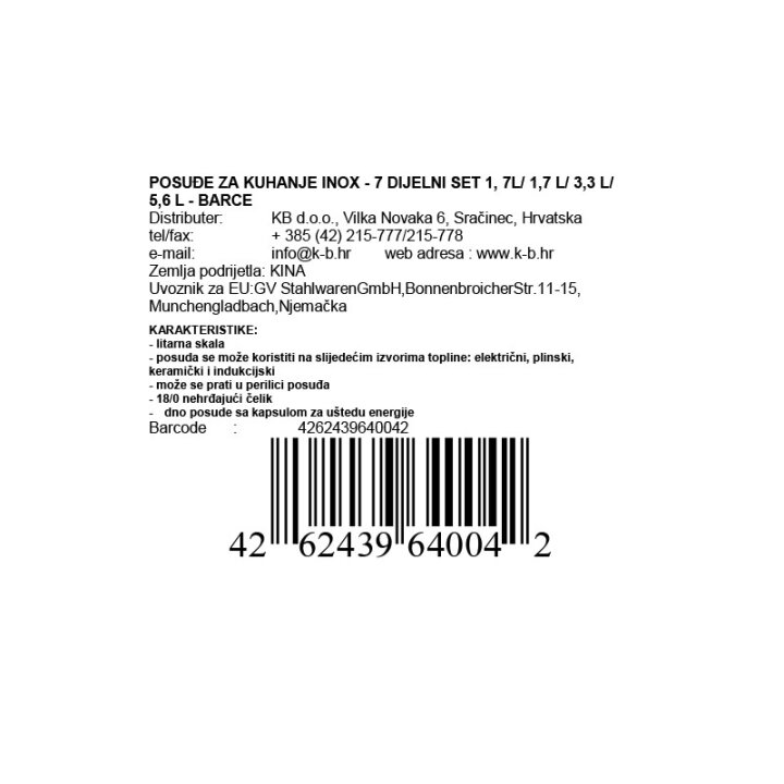POSUĐE ZA KUHANJE INOX - 7 DIJELNI SET 1, 7L/ 1,7 L/ 3,3 L/ 5,6 L - BARCELONA