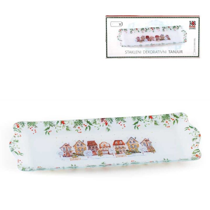 BOŽIĆNI STAKLENI DEKORATIVNI TANJUR ČETVRTASTI WINTER VILLAGE 30x13 cm