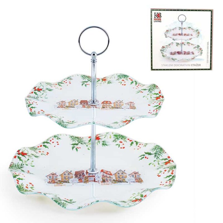 BOŽIĆNI STAKLENI DEKORATIVNI ETAŽER 2 NIVOA WINTER VILLAGE 27,5 CM