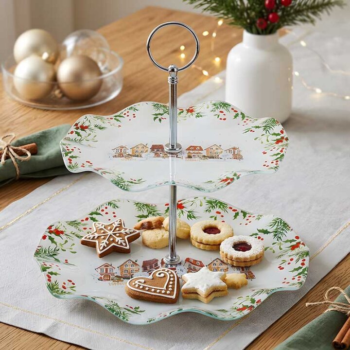 BOŽIĆNI STAKLENI DEKORATIVNI ETAŽER 2 NIVOA WINTER VILLAGE 27,5 CM