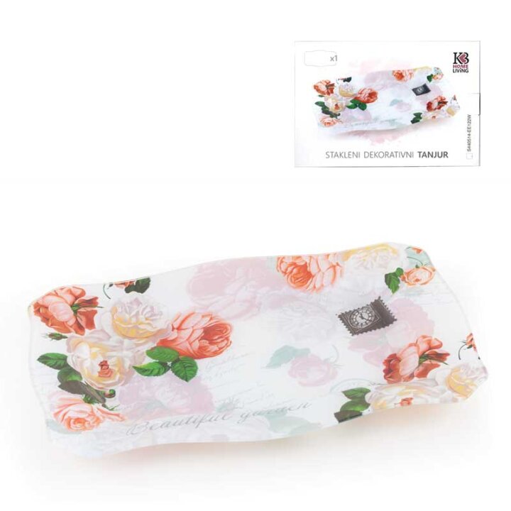 STAKLENI DEKORATIVNI TANJUR ČETVRTASTI S VALOVITIM RUBOM BEAUTIFUL GARDEN 35,5 cm