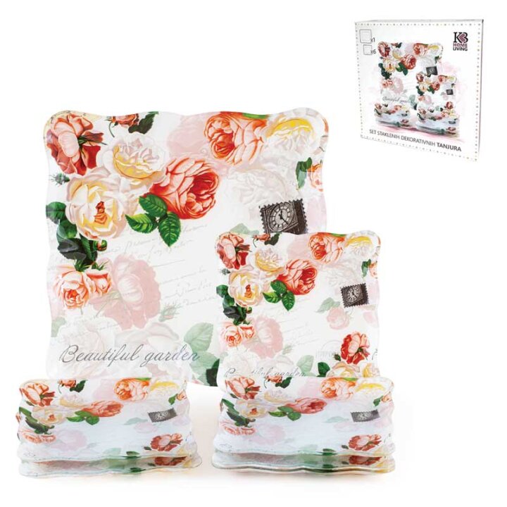STAKLENI DEKORATIVNI 7 DIJELNI SET TANJURA ZA KOLAČE BEAUTIFUL GARDEN 30 / 17,5 cm
