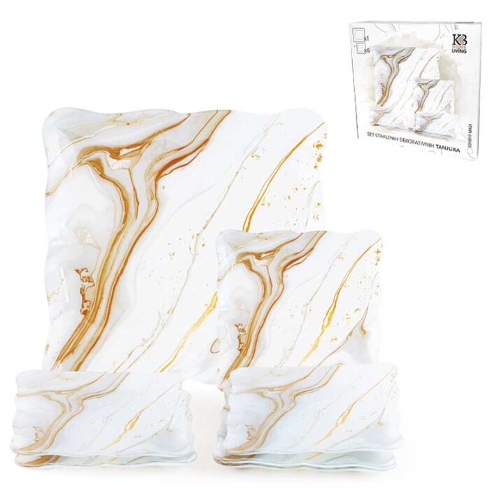 STAKLENI DEKORATIVNI 7 DIJELNI SET TANJURA ZA KOLAČE LUXE MARBLE 30 / 17,5 cm
