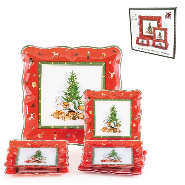 BOŽIĆNI STAKLENI DEKORATIVNI 7 DIJELNI SET TANJURA ZA KOLAČE CHRISTMAS TREASURE 30 / 17,5 cm