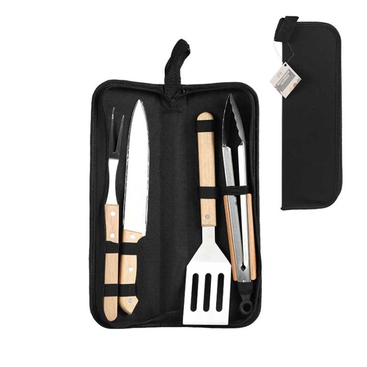 ROŠTILJ SET INOX S DRVENIM DRŠKAMA 4/1 U TORBICI