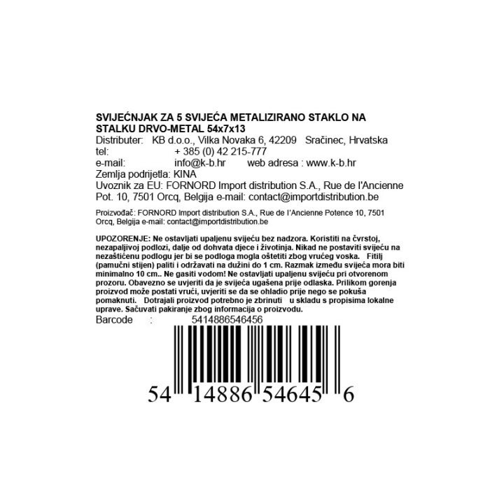SVIJEĆNJAK ZA 5 SVIJEĆA METALIZIRANO STAKLO NA STALKU DRVO-METAL 54x7x13 cm