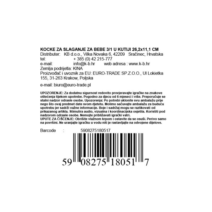 KOCKE ZA SLAGANJE ZA BEBE 3/1 U KUTIJI 26,2x11,1 CM