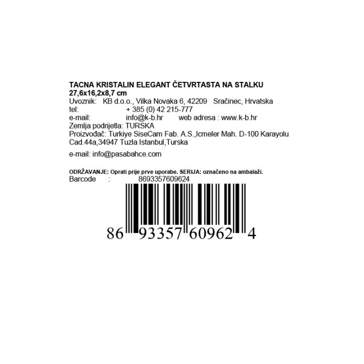 TACNA KRISTALIN ELEGANT ČETVRTASTA NA STALKU 27,6x16,2x8,7 cm