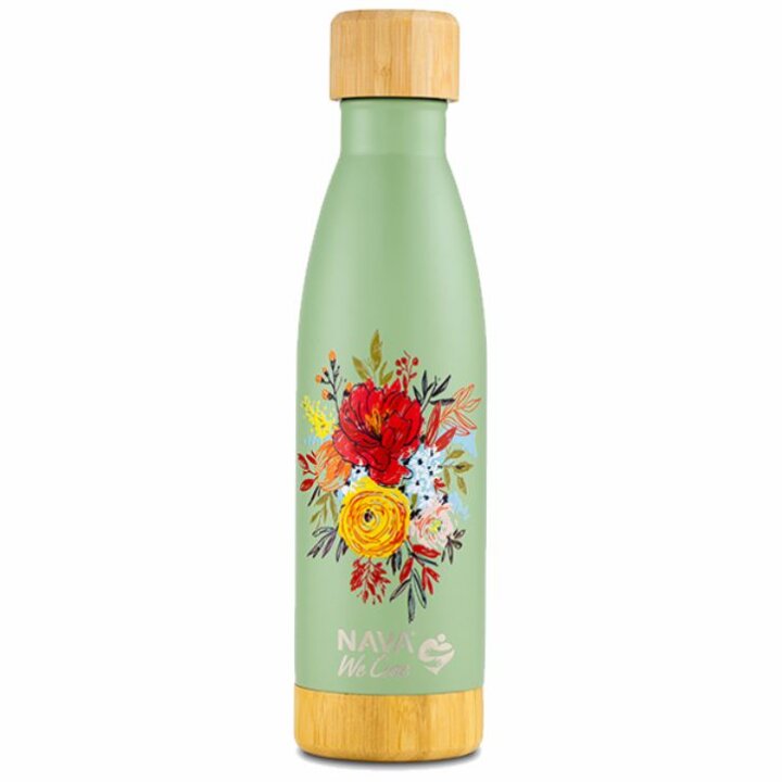 TERMOS BOCA INOX DEKORIRANA GREEN FLORAL 500 mL S BAMBUS ČEPOM - WE CARE
