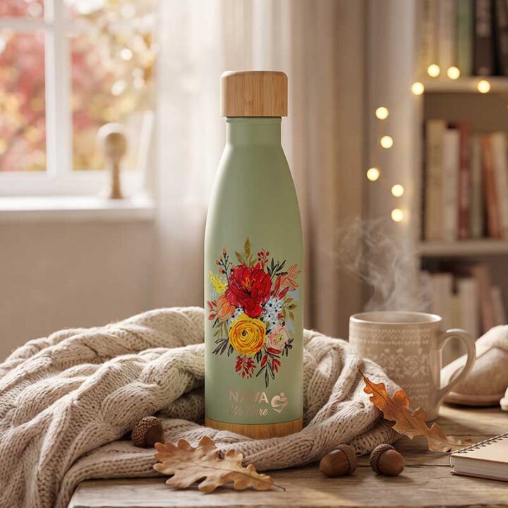 TERMOS BOCA INOX DEKORIRANA GREEN FLORAL 500 mL S BAMBUS ČEPOM - WE CARE