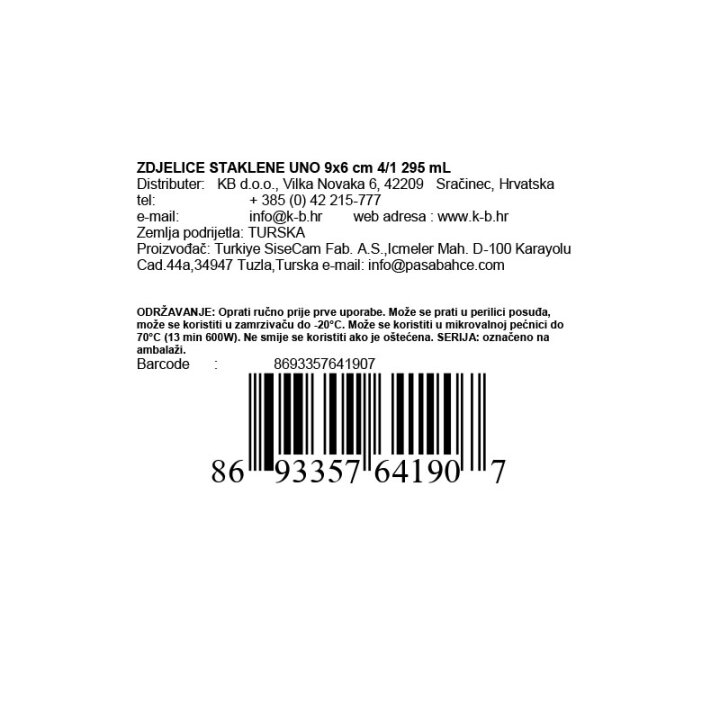 ZDJELICE STAKLENE UNO 9x6 cm 4/1 295 mL