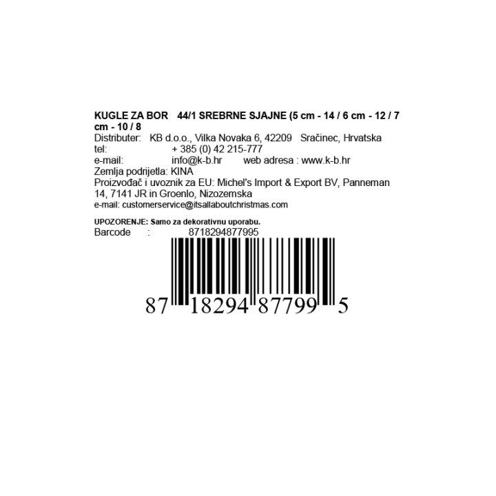 KUGLE ZA BOR  44/1 SREBRNE SJAJNE (5 cm - 14 / 6 cm - 12 / 7 cm - 10 / 8 cm - 8)
