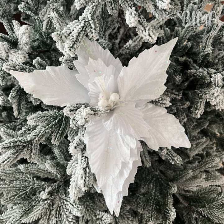 CVIJET BIJELI S GLITEROM 32 cm BOŽIĆNA DEKORACIJA