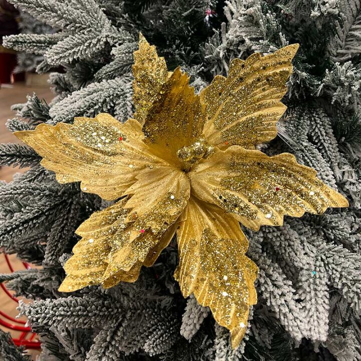 CVIJET ZLATNI S GLITEROM BOŽIĆNA  DEKORACIJA 30 cm