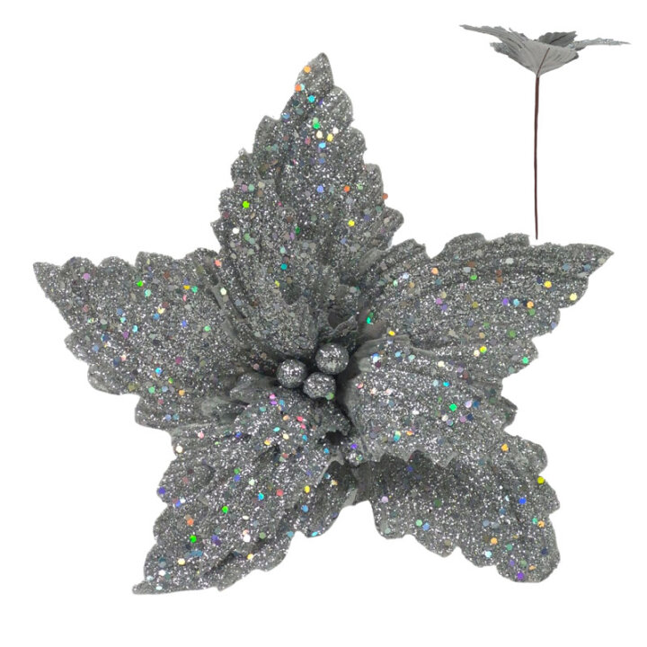 CVIJET SREBRNI S GLITEROM BOŽIĆNA DEKORACIJA 30 cm
