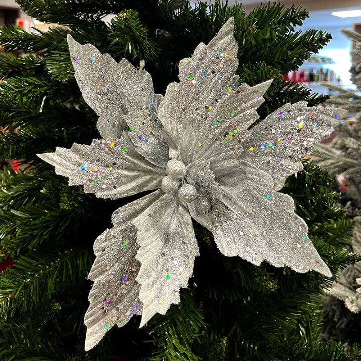 CVIJET SREBRNI S GLITEROM BOŽIĆNA DEKORACIJA 30 cm