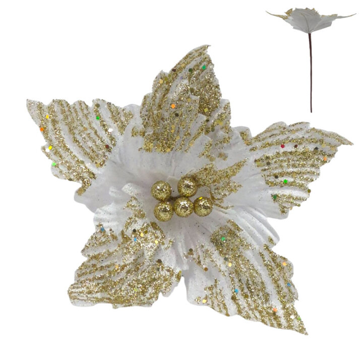 CVIJET ZLATNO-BIJELI S GLITEROM BOŽIĆNA DEKORACIJA 30 cm